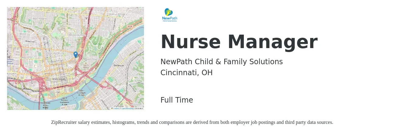 NewPath Child & Family Solutions job posting for a Nurse Manager in Cincinnati, OH with a salary of $38 to $56 Hourly with a map of Cincinnati location.