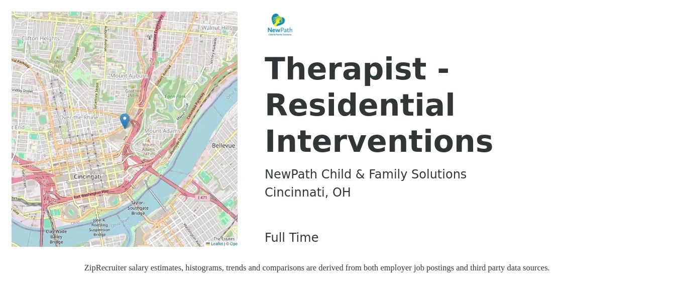 NewPath Child & Family Solutions job posting for a Therapist - Residential Interventions in Cincinnati, OH with a salary of $50,900 to $68,200 Yearly with a map of Cincinnati location.