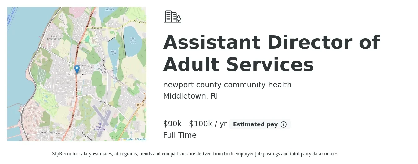 newport county community health job posting for a Assistant Director of Adult Services in Middletown, RI with a salary of $90,000 to $100,000 Yearly with a map of Middletown location.
