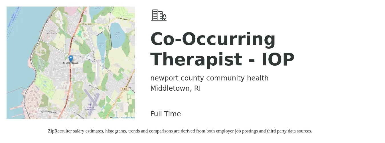 newport county community health job posting for a Co-Occurring Therapist - IOP in Middletown, RI with a salary of $55,700 to $79,100 Yearly with a map of Middletown location.