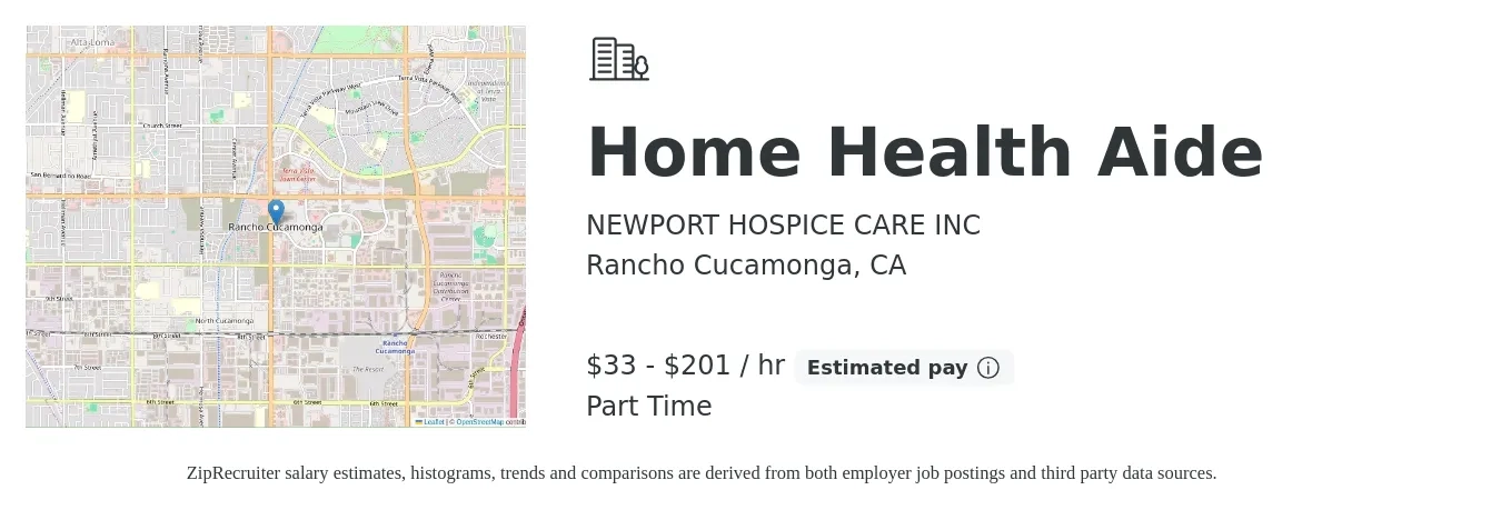 NEWPORT HOSPICE CARE INC job posting for a Home Health Aide in Rancho Cucamonga, CA with a salary of $35 to $210 Hourly with a map of Rancho Cucamonga location.