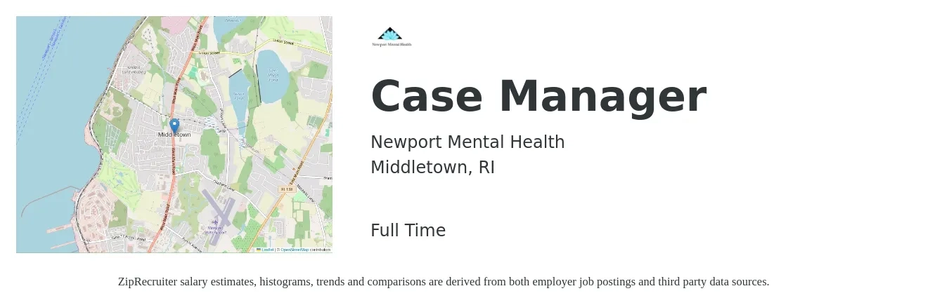 Newport Mental Health job posting for a Case Manager in Middletown, RI with a salary of $20 to $26 Hourly with a map of Middletown location.
