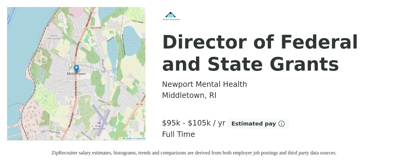 Newport Mental Health job posting for a Director of Federal and State Grants in Middletown, RI with a salary of $95,000 to $105,000 Yearly with a map of Middletown location.