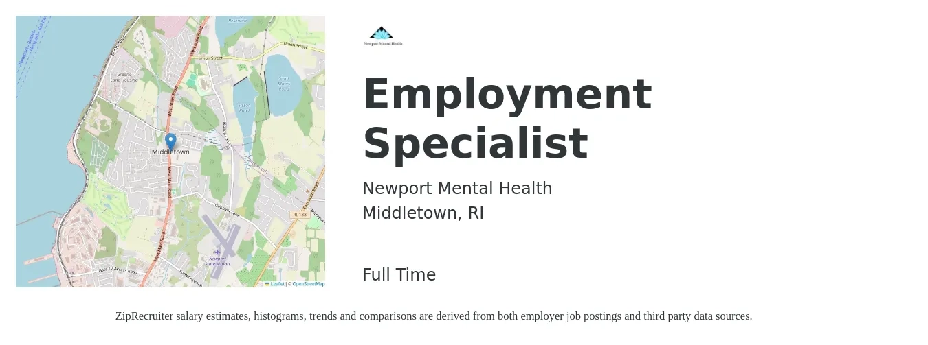 Newport Mental Health job posting for a Employment Specialist in Middletown, RI with a salary of $41,800 to $79,100 Yearly with a map of Middletown location.