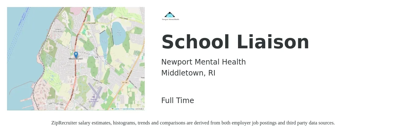 Newport Mental Health job posting for a School Liaison in Middletown, RI with a salary of $19 to $30 Hourly with a map of Middletown location.