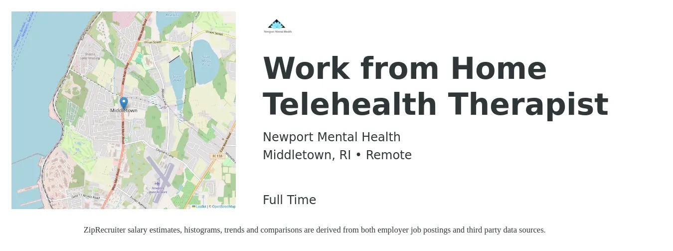 Newport Mental Health job posting for a Work from Home Telehealth Therapist in Middletown, RI with a salary of $47,800 to $69,200 Yearly with a map of Middletown location.
