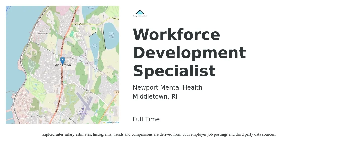 Newport Mental Health job posting for a Workforce Development Specialist in Middletown, RI with a salary of $42,300 to $85,100 Yearly with a map of Middletown location.