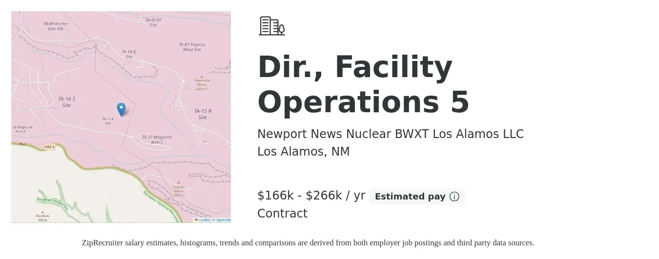 Newport News Nuclear BWXT Los Alamos LLC job posting for a Dir., Facility Operations 5 in Los Alamos, NM with a salary of $166,773 to $266,837 Yearly with a map of Los Alamos location.