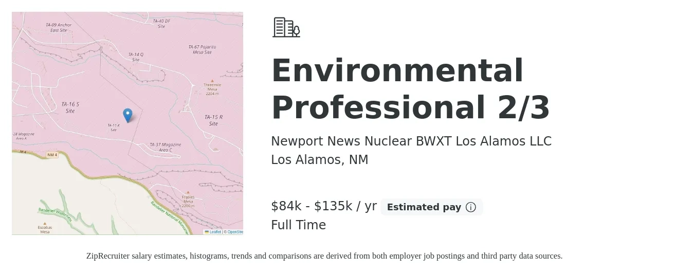 Newport News Nuclear BWXT Los Alamos LLC job posting for a Environmental Professional 2/3 in Los Alamos, NM with a salary of $84,523 to $135,237 Yearly with a map of Los Alamos location.