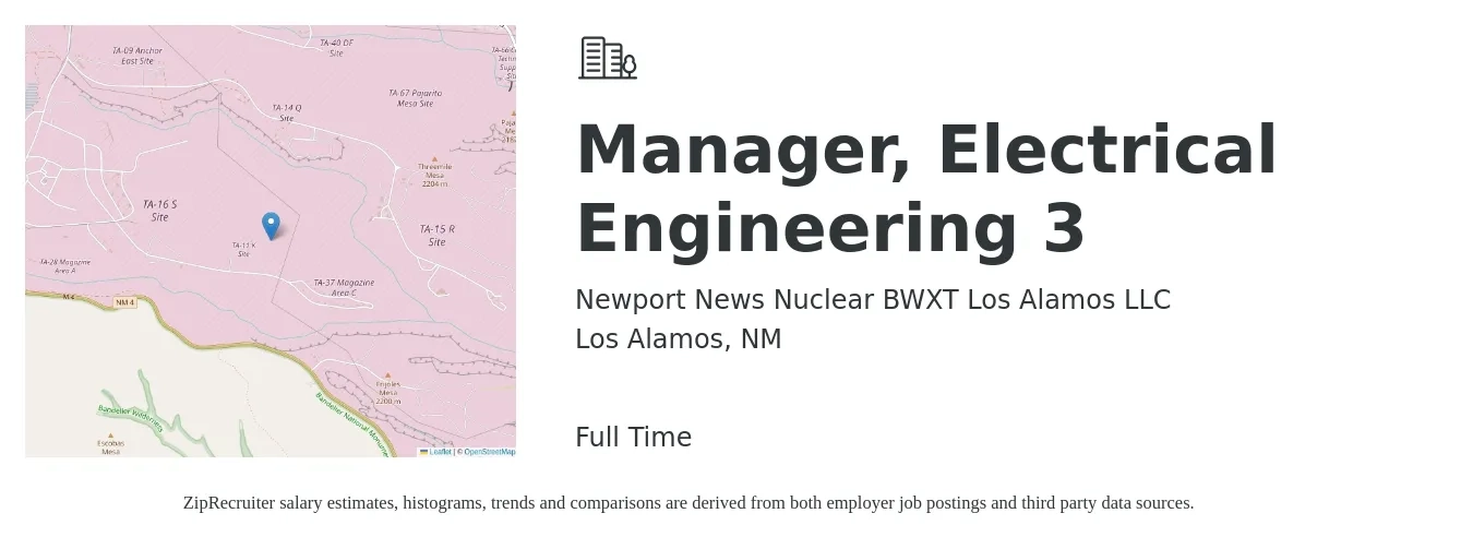 Newport News Nuclear BWXT Los Alamos LLC job posting for a Manager, Electrical Engineering 3 in Los Alamos, NM with a salary of $133,300 to $171,400 Yearly with a map of Los Alamos location.