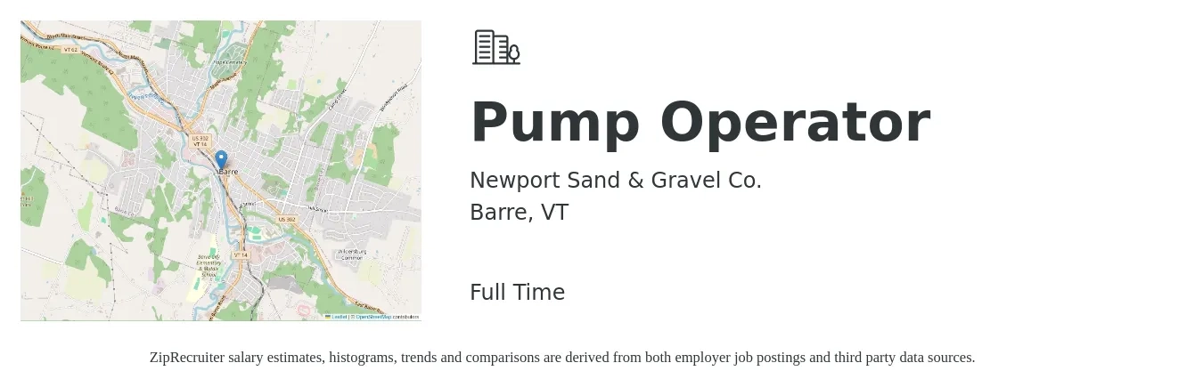 Newport Sand & Gravel Co. job posting for a Pump Operator in Barre, VT with a salary of $39,300 to $60,900 Yearly with a map of Barre location.