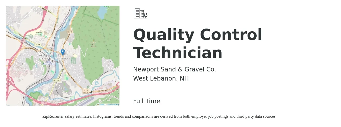Newport Sand & Gravel Co. job posting for a Quality Control Technician in West Lebanon, NH with a salary of $18 to $23 Hourly with a map of West Lebanon location.