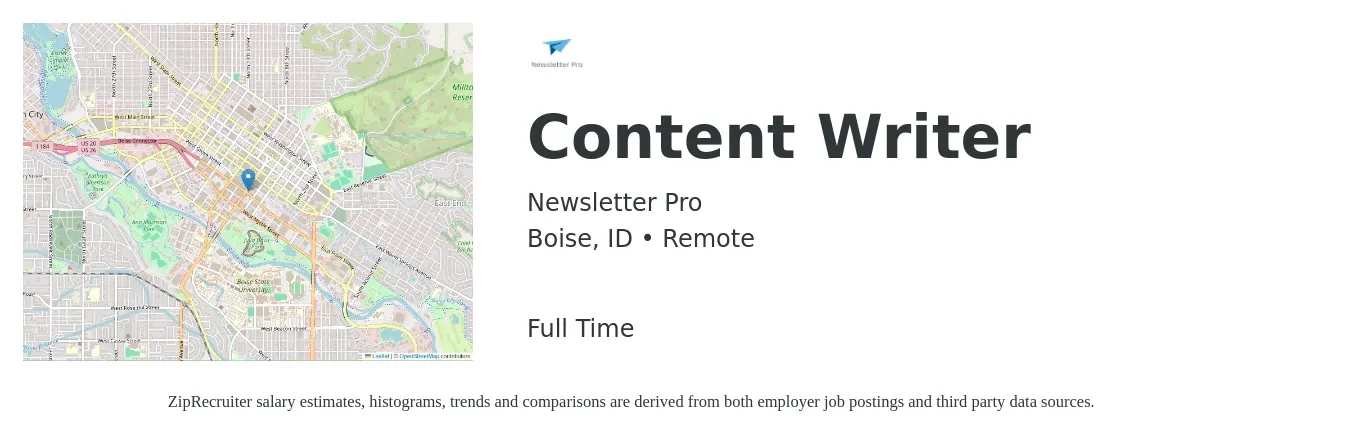 Newsletter Pro job posting for a Content Writer in Boise, ID with a salary of $23 to $46 Hourly with a map of Boise location.