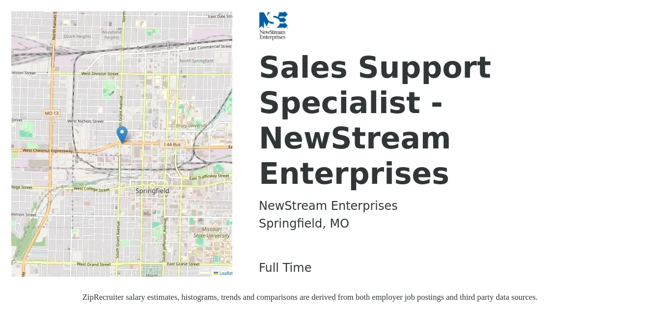 NewStream Enterprises job posting for a Sales Support Specialist - NewStream Enterprises in Springfield, MO with a salary of $21 to $29 Hourly with a map of Springfield location.