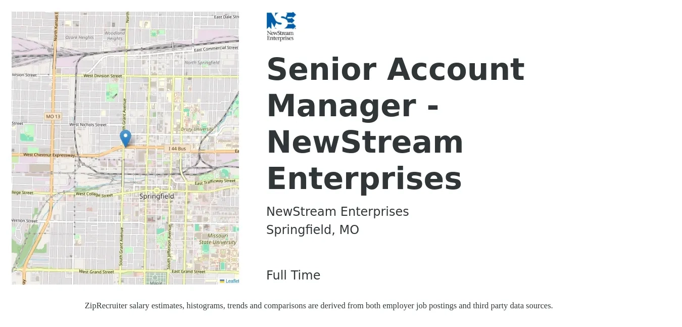 NewStream Enterprises job posting for a Senior Account Manager - NewStream Enterprises in Springfield, MO with a salary of $72,900 to $114,800 Yearly with a map of Springfield location.