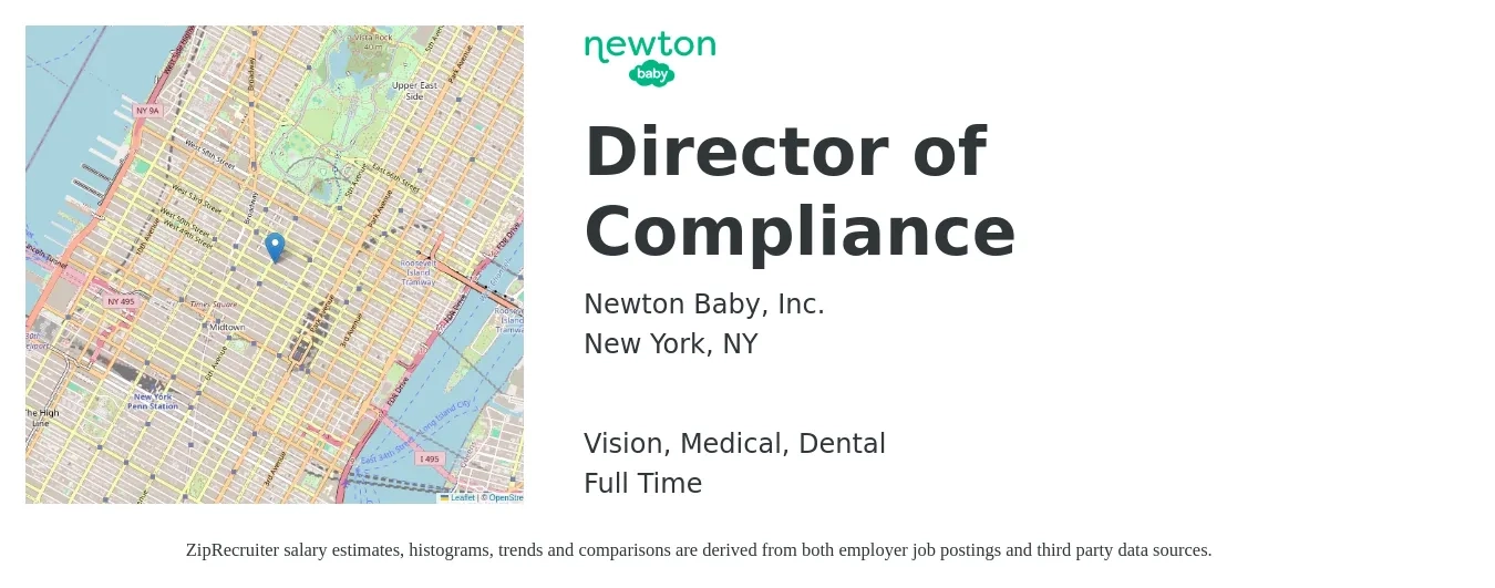 Newton Baby, Inc. job posting for a Director of Compliance in New York, NY with a salary of $109,400 to $158,600 Yearly and benefits including retirement, vision, dental, and medical with a map of New York location.