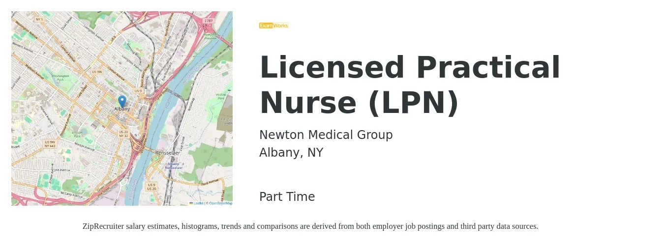 Newton Medical Group job posting for a Licensed Practical Nurse (LPN) in Albany, NY with a salary of $26 to $35 Hourly with a map of Albany location.