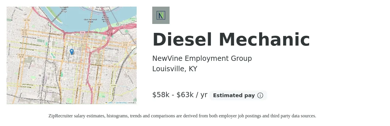 NewVine Employment Group job posting for a Diesel Mechanic in Louisville, KY with a salary of $58,000 to $63,000 Yearly with a map of Louisville location.