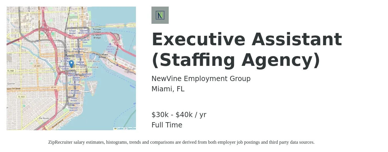 NewVine Employment Group job posting for a Executive Assistant (Staffing Agency) in Miami, FL with a salary of $30,000 to $40,000 Yearly with a map of Miami location.