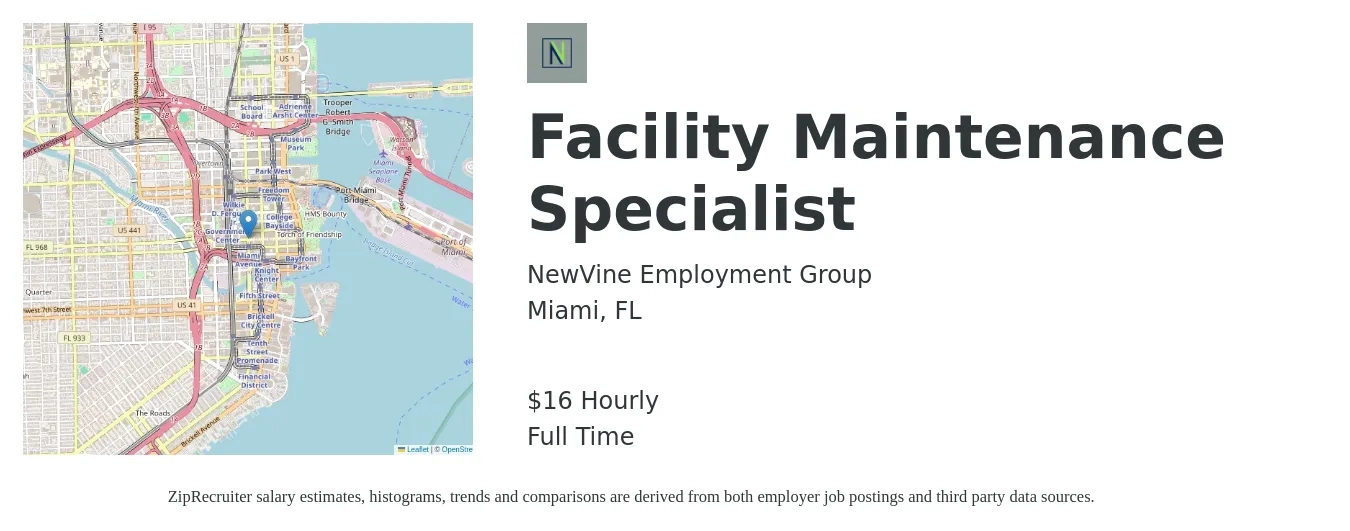 NewVine Employment Group job posting for a Facility Maintenance Specialist in Miami, FL with a salary of $17 Hourly with a map of Miami location.