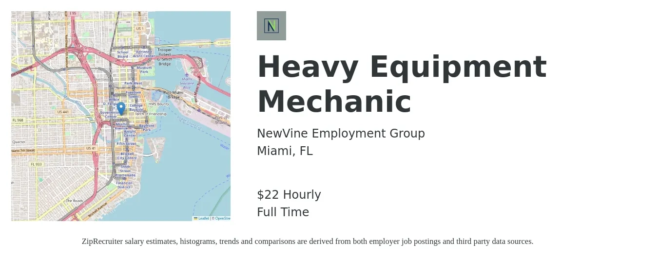 NewVine Employment Group job posting for a Heavy Equipment Mechanic in Miami, FL with a salary of $23 Hourly with a map of Miami location.