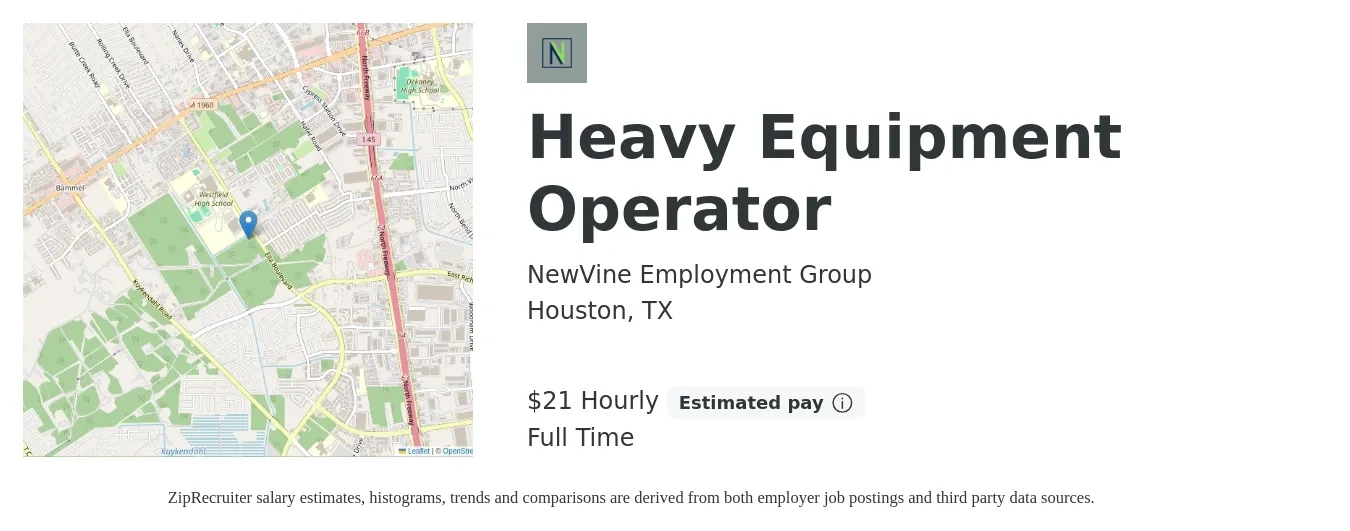 NewVine Employment Group job posting for a Heavy Equipment Operator in Houston, TX with a salary of $22 Hourly with a map of Houston location.