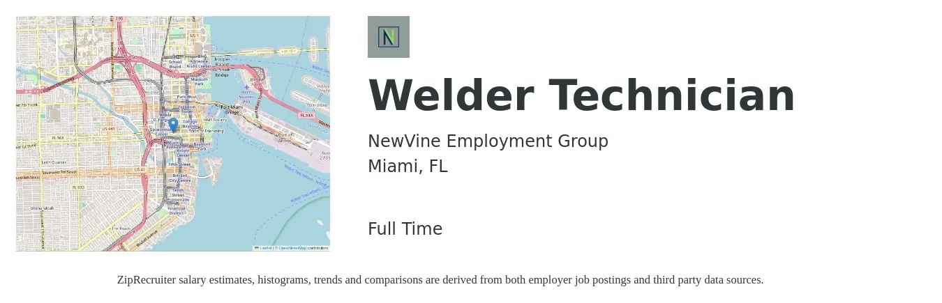 NewVine Employment Group job posting for a Welder Technician in Miami, FL with a salary of $640 Weekly with a map of Miami location.