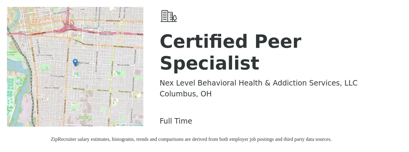 Nex Level Behavioral Health & Addiction Services, LLC job posting for a Certified Peer Specialist in Columbus, OH with a salary of $17 to $21 Hourly with a map of Columbus location.