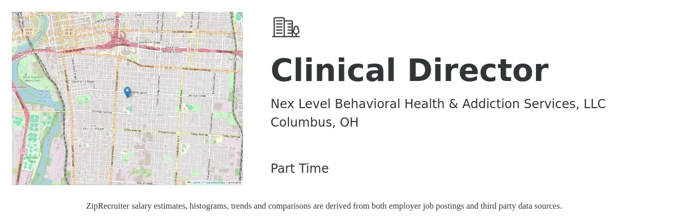 Nex Level Behavioral Health & Addiction Services, LLC job posting for a Clinical Director in Columbus, OH with a salary of $77,300 to $105,300 Yearly with a map of Columbus location.
