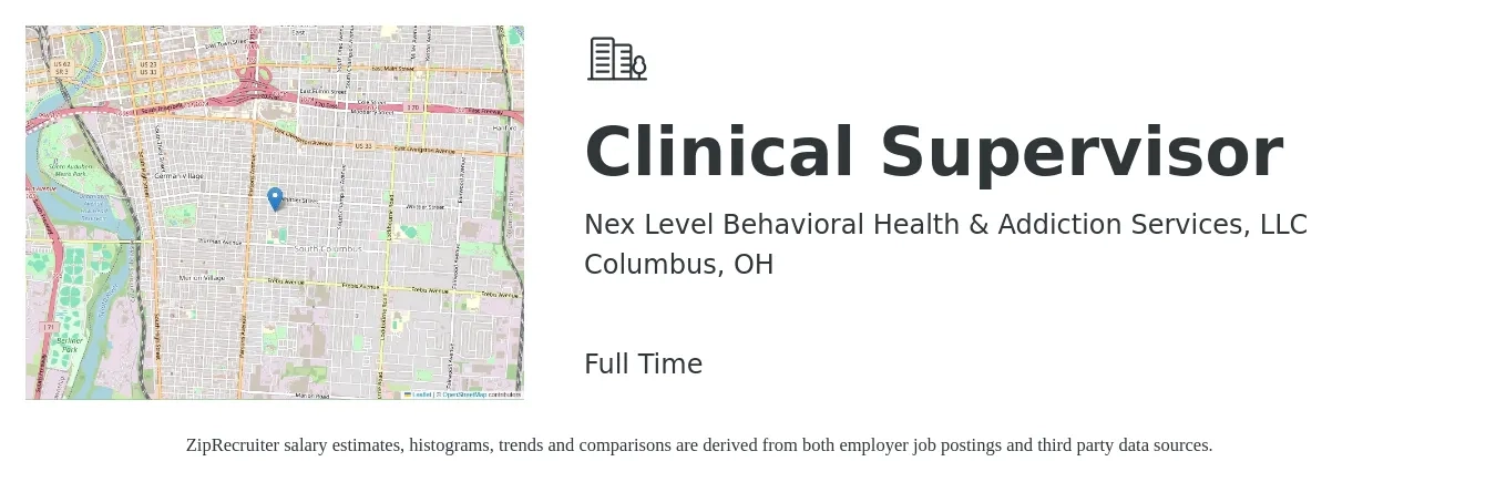 Nex Level Behavioral Health & Addiction Services, LLC job posting for a Clinical Supervisor in Columbus, OH with a salary of $61,800 to $85,500 Yearly with a map of Columbus location.