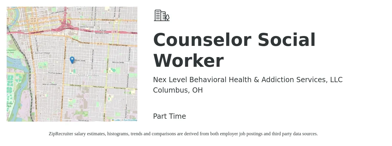 Nex Level Behavioral Health & Addiction Services, LLC job posting for a Counselor Social Worker in Columbus, OH with a salary of $26 to $36 Hourly with a map of Columbus location.