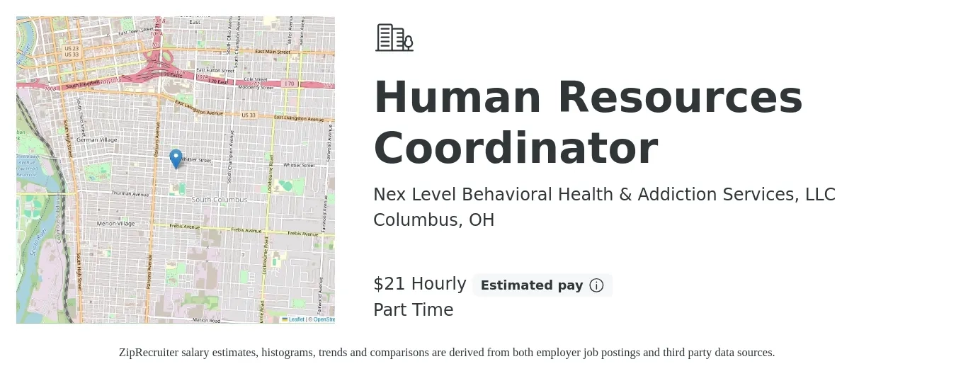 Nex Level Behavioral Health & Addiction Services, LLC job posting for a Human Resources Coordinator in Columbus, OH with a salary of $22 Hourly with a map of Columbus location.