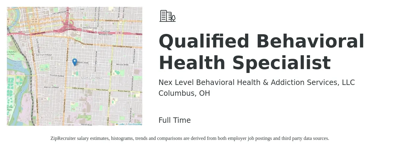 Nex Level Behavioral Health & Addiction Services, LLC job posting for a Qualified Behavioral Health Specialist in Columbus, OH with a salary of $20 to $34 Hourly with a map of Columbus location.
