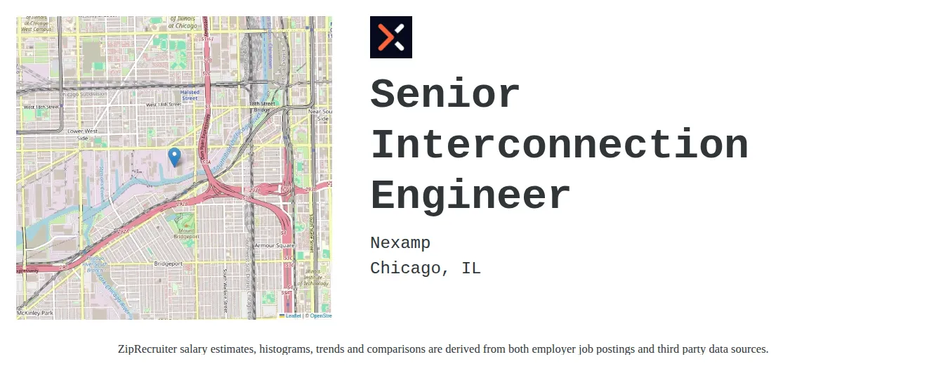 Nexamp job posting for a Senior Interconnection Engineer in Chicago, IL with a salary of $107,600 to $147,800 Annually and benefits including Medical, Vision, Dental, PTO, and Retirement with a map of Chicago location.
