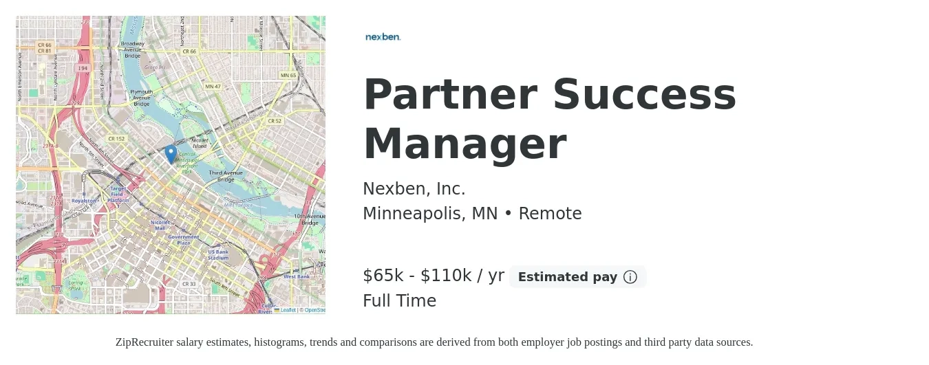 Nexben, Inc. job posting for a Partner Success Manager in Minneapolis, MN with a salary of $65,000 to $110,000 Yearly with a map of Minneapolis location.