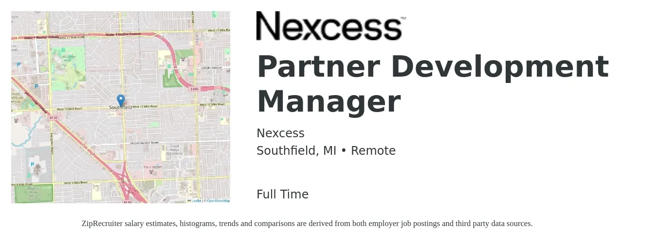 Nexcess job posting for a Partner Development Manager in Southfield, MI with a salary of $156,000 Yearly with a map of Southfield location.