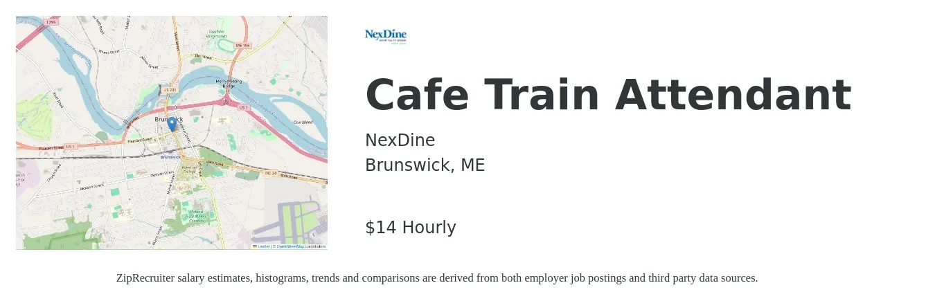 NexDine job posting for a Cafe Train Attendant in Brunswick, ME with a salary of $15 Hourly with a map of Brunswick location.