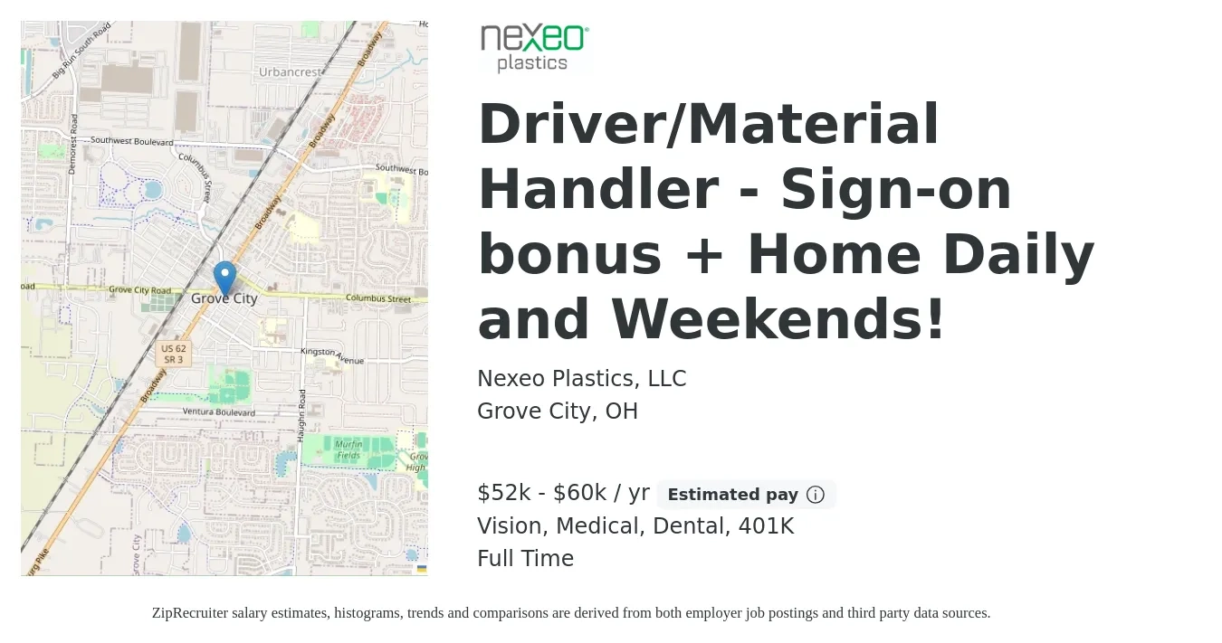 Nexeo Plastics, LLC job posting for a Driver/Material Handler - Sign-on bonus + Home Daily and Weekends! in Grove City, OH with a salary of $52,900 to $60,100 Yearly and benefits including 401k, dental, life_insurance, medical, and vision with a map of Grove City location.