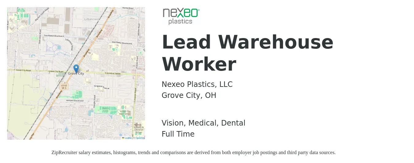 Nexeo Plastics, LLC job posting for a Lead Warehouse Worker in Grove City, OH with a salary of $17 to $21 Hourly and benefits including retirement, vision, dental, life_insurance, medical, and pto with a map of Grove City location.