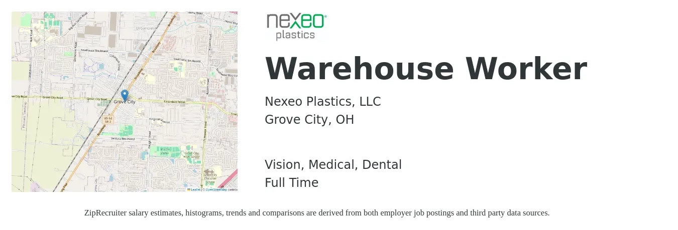 Nexeo Plastics, LLC job posting for a Warehouse Worker in Grove City, OH with a salary of $15 to $18 Hourly and benefits including medical, pto, retirement, vision, dental, and life_insurance with a map of Grove City location.