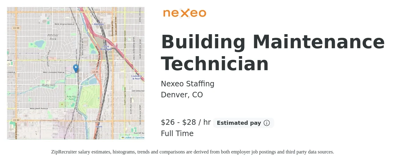 Nexeo Staffing job posting for a Building Maintenance Technician in Denver, CO with a salary of $28 to $30 Hourly with a map of Denver location.