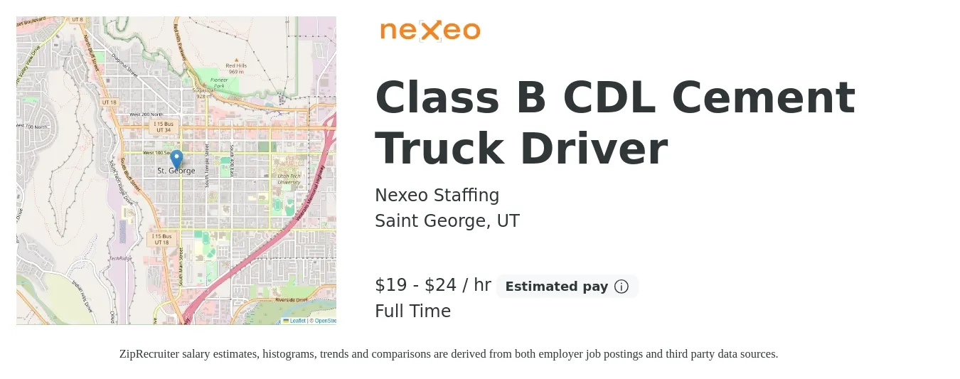 Nexeo Staffing job posting for a Class B CDL Cement Truck Driver in Saint George, UT with a salary of $20 to $25 Hourly with a map of Saint George location.