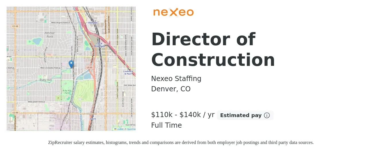 Nexeo Staffing job posting for a Director of Construction in Denver, CO with a salary of $110,000 to $140,000 Yearly with a map of Denver location.