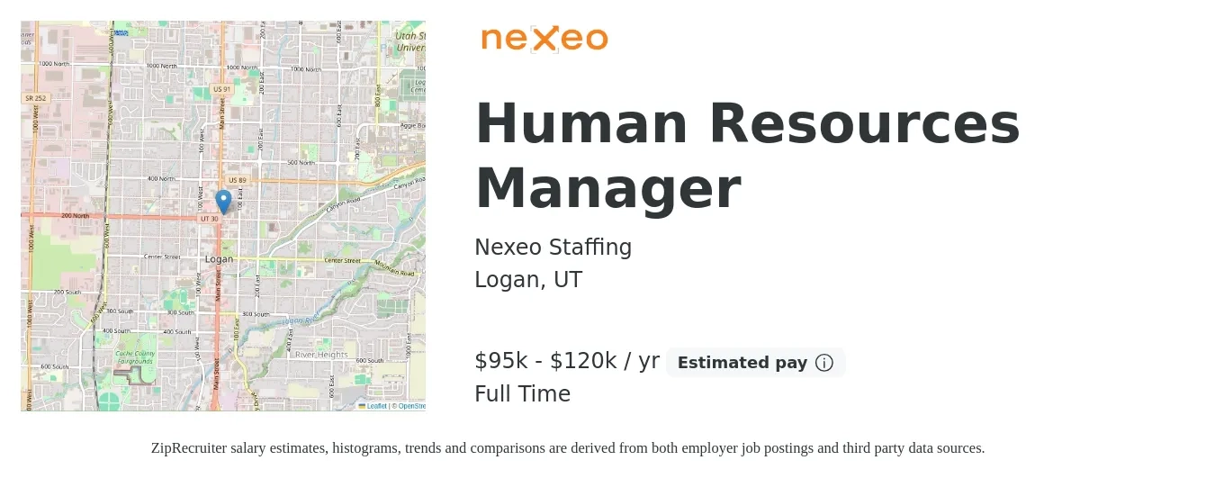 Nexeo Staffing job posting for a Human Resources Manager in Logan, UT with a salary of $95,000 to $120,000 Yearly with a map of Logan location.