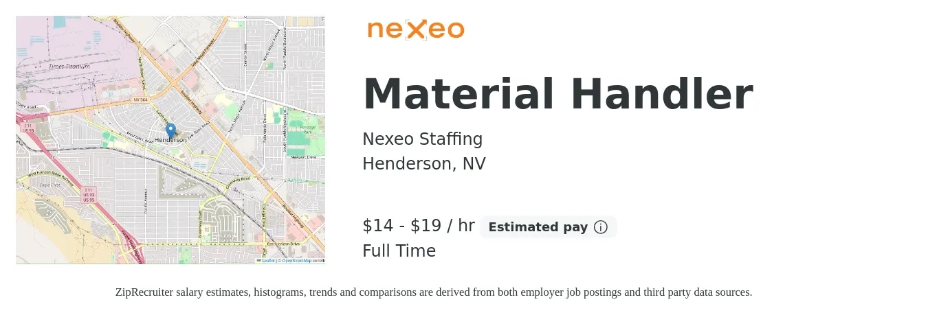 Nexeo Staffing job posting for a Material Handler in Henderson, NV with a salary of $19 to $20 Hourly with a map of Henderson location.