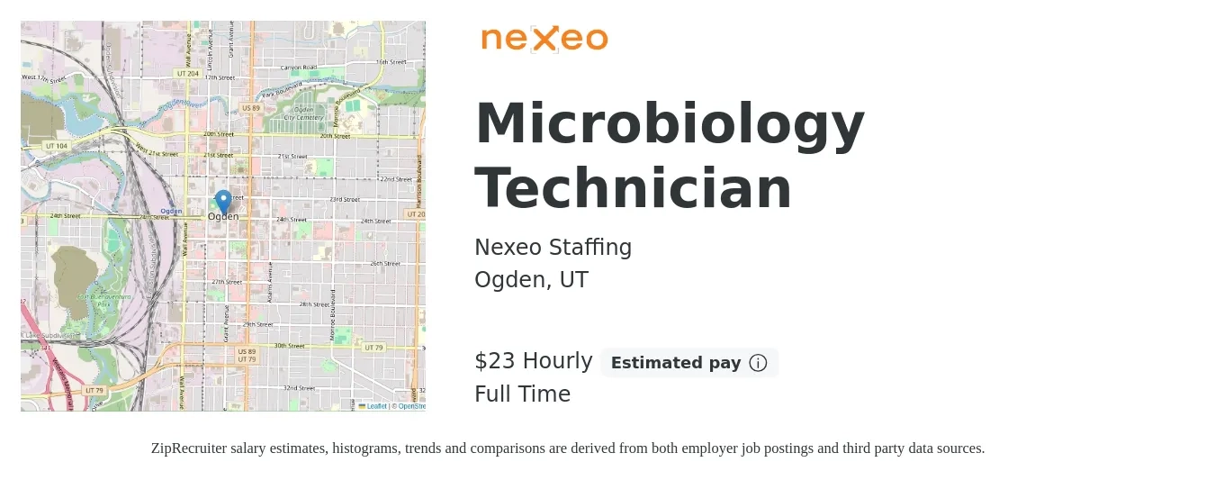 Nexeo Staffing job posting for a Microbiology Technician in Ogden, UT with a salary of $24 Hourly with a map of Ogden location.