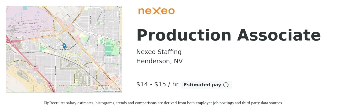 Nexeo Staffing job posting for a Production Associate in Henderson, NV with a salary of $16 to $16 Hourly with a map of Henderson location.