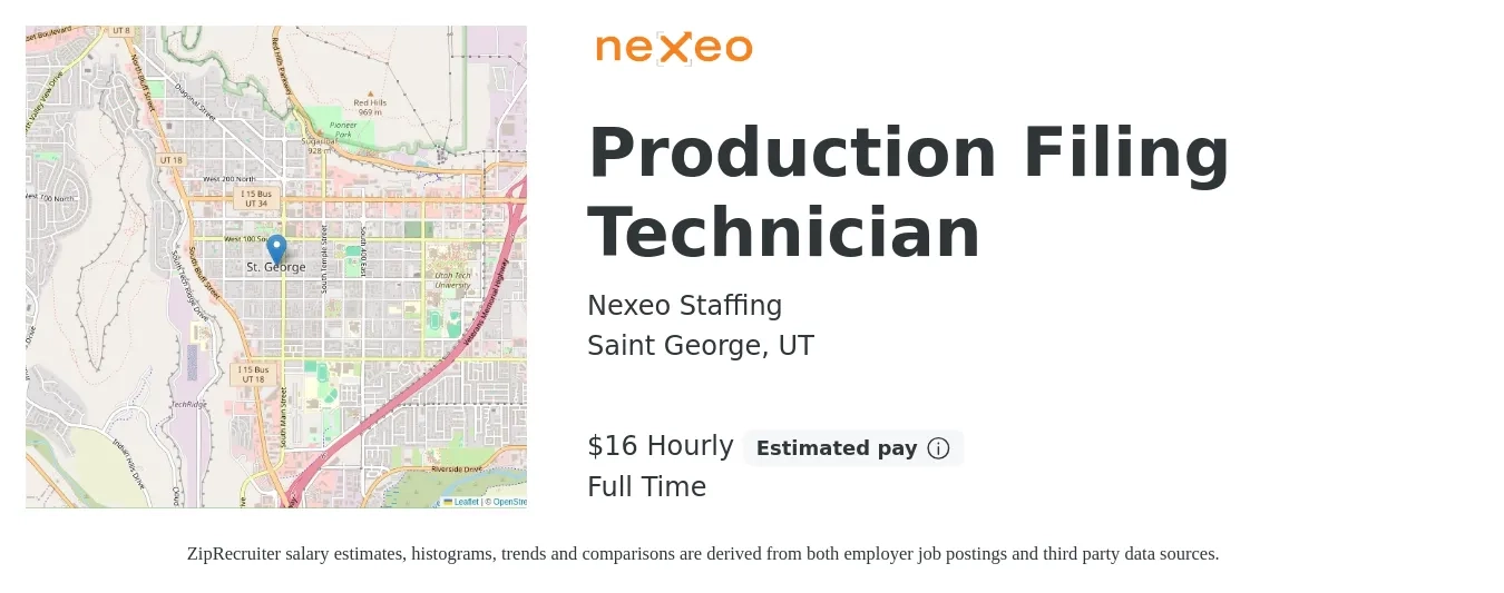 Nexeo Staffing job posting for a Production Filing Technician in Saint George, UT with a salary of $17 Hourly with a map of Saint George location.