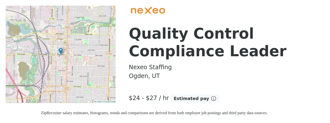 Nexeo Staffing job posting for a Quality Control Compliance Leader in Ogden, UT with a salary of $25 to $29 Hourly with a map of Ogden location.