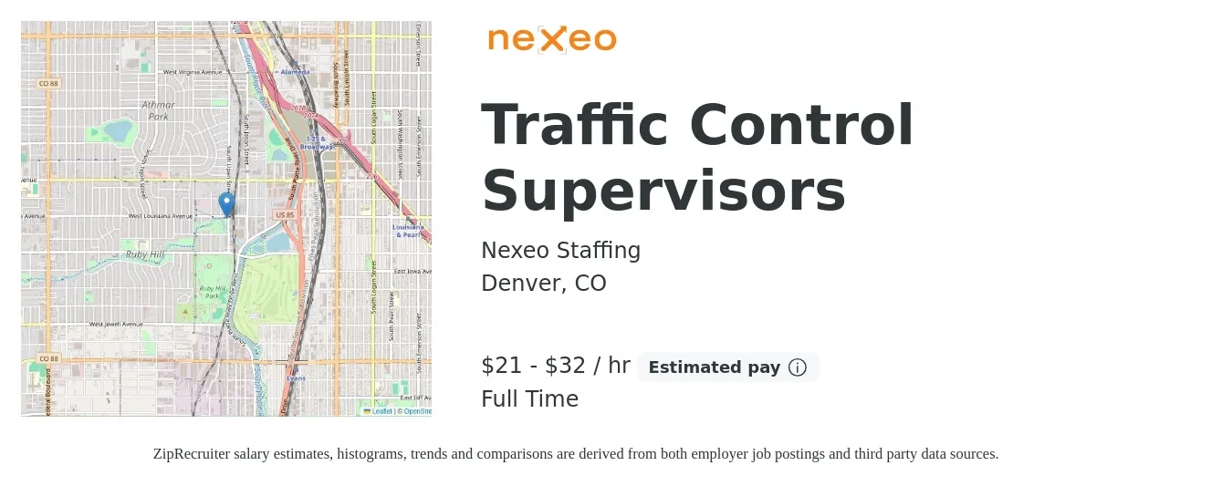 Nexeo Staffing job posting for a Traffic Control Supervisors in Denver, CO with a salary of $22 to $34 Hourly with a map of Denver location.